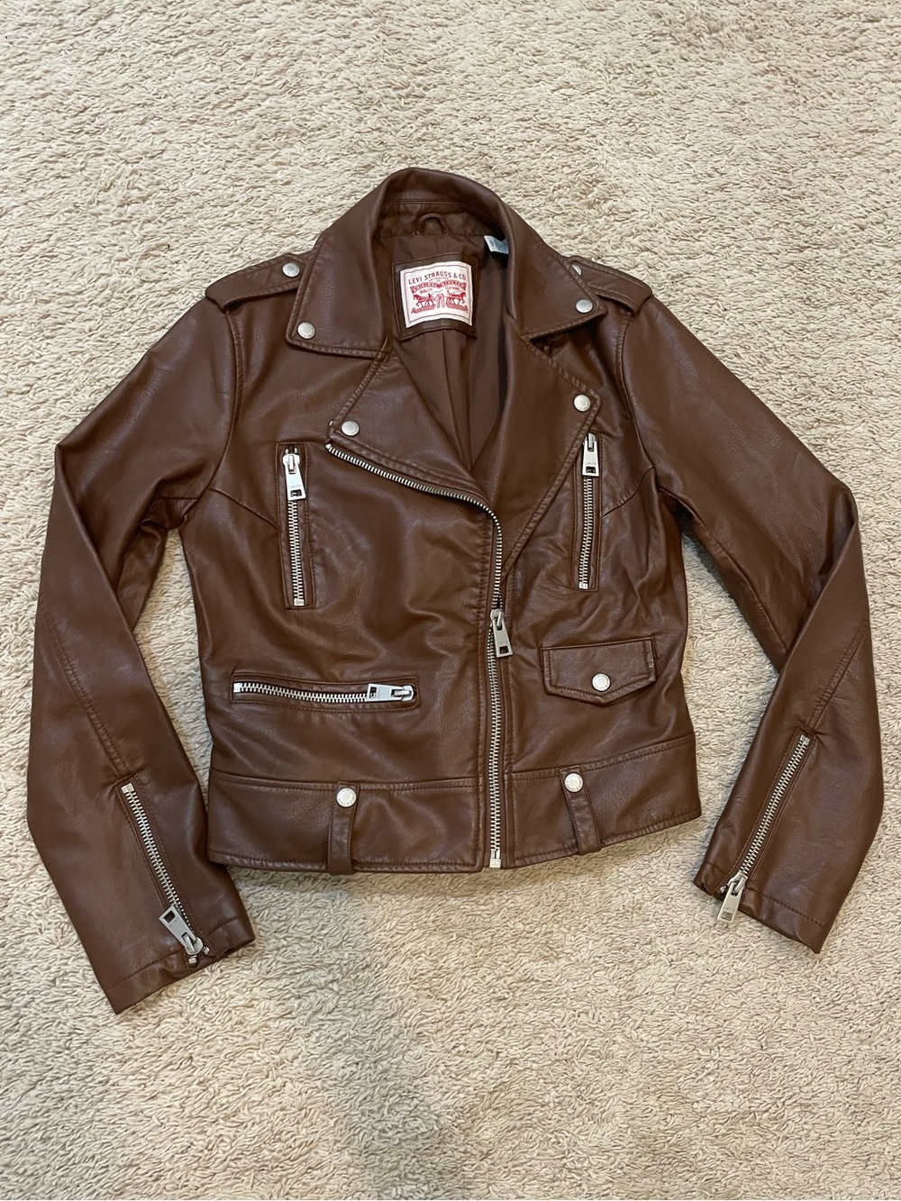 Levi's Brown Faux Leather Moto Jacket with Silver Hardware